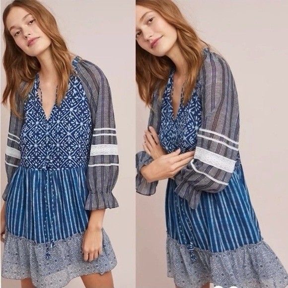 Hemant & Nandita Susan Indigo Mini Dress S Tie Dye Style Long Sleeve Blue Boho - Picture 1 of 7